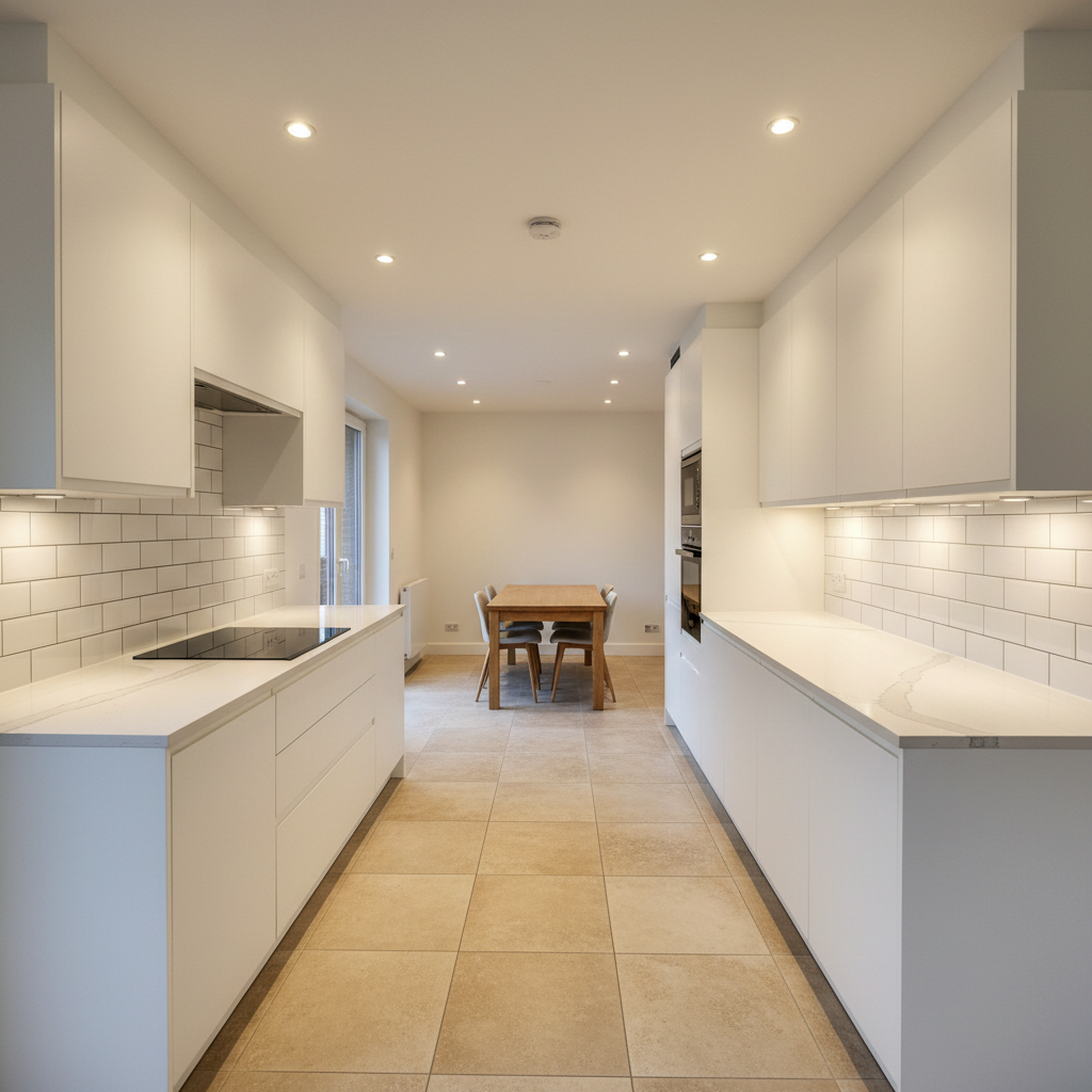 A modern open-plan kitchen and dining space freshly renovated in a suburban Île-de-France house, showcasing custom-built matte white cabinetry, a seamless quartz countertop with light gray veining, and a sleek built-in induction cooktop. The backsplash is covered in rectangular white ceramic tiles with perfectly aligned grout lines, emphasizing precision. The floor is tiled with large-format stone-effect porcelain in a warm beige tone, spotless and perfectly level. Recessed LED ceiling spots cast a uniform, warm white light, subtly reflecting on the satin paint walls. Photographic realism, slightly elevated wide-angle shot, capturing the entire room from one corner, with straight verticals and clear lines, conveying a sense of order, professionalism, and comprehensive renovation expertise, with no people, dishes, or personal items present.