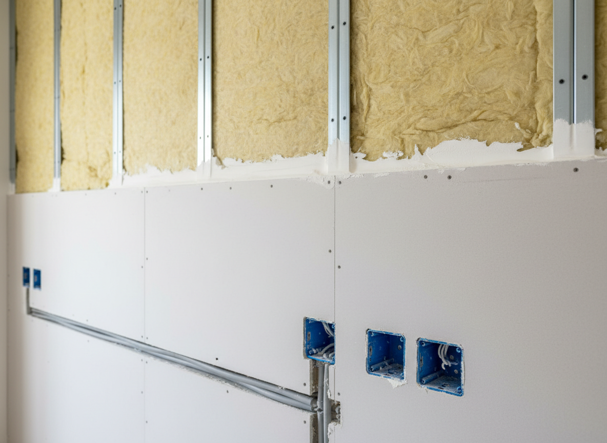 A detailed close-up of a freshly insulated and renovated interior wall in a Île-de-France apartment under partial completion, showing a precise layering: mineral wool insulation neatly fitted between metal studs, immaculate plasterboard panels screwed in clean alignment, and a flawlessly smoothed joint compound ready for painting. On the lower part, new electrical conduits and junction boxes are visible, carefully organized and embedded according to standard. Soft, diffused daylight enters from an unseen window, revealing the textures of materials without harsh shadows. Photographic realism, shot from a slightly angled close-up with shallow depth of field, foreground details razor sharp and background subtly blurred, conveying technical expertise, rigor, and a professional, all-trades renovation approach with no workers or tools in frame.