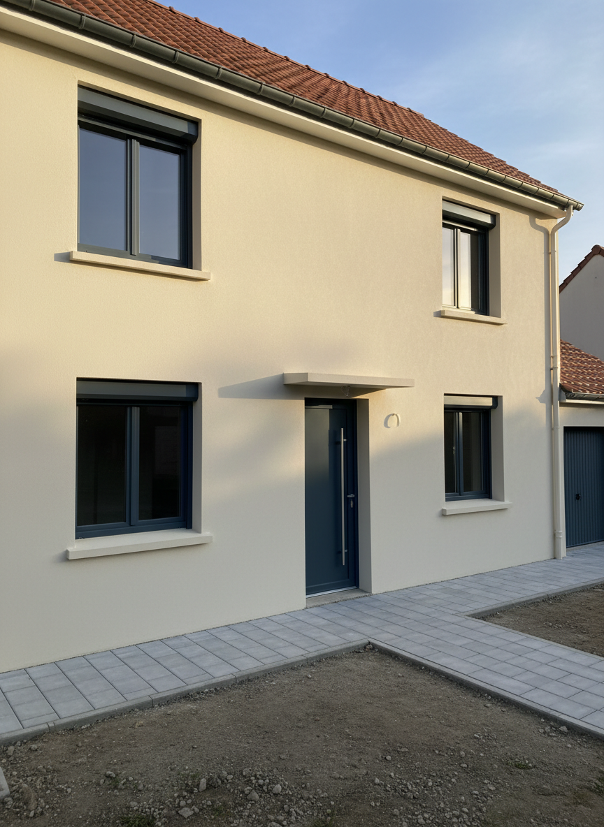 The façade of a modest Île-de-France house after complete exterior renovation, featuring fresh, uniform cream-colored render with crisp edges around double-glazed windows, anthracite roller shutters seamlessly integrated, and a newly insulated roof with flat clay tiles aligned in perfect rows. A clean, newly laid paved path in light gray concrete pavers leads to a solid entrance door in deep slate blue, with modern brushed metal hardware. Late afternoon natural light softly illuminates the façade, creating subtle shadows under window sills and eaves that emphasize the quality of the work. Photographic realism, eye-level frontal composition with slight three-quarter angle to show depth, sharp focus across the entire building, mood calm and reassuring, highlighting energy-efficient rehabilitation and exterior renovation expertise.