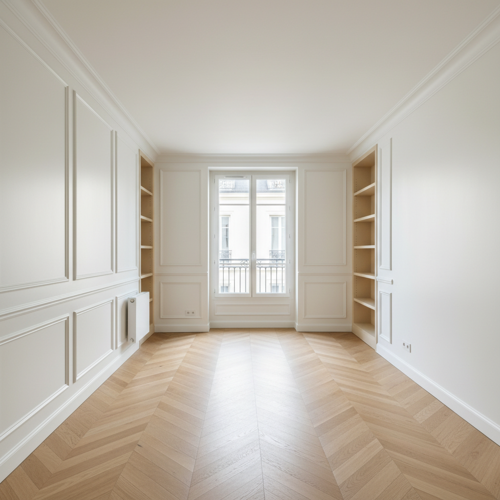 A freshly renovated Parisian-style living room in an Ivry-sur-Seine apartment, featuring smooth white walls, perfectly aligned moldings, and newly laid light oak parquet with a subtle matte finish. Built-in shelving in a soft sand tone lines one wall, while a sleek, wall-mounted radiator and pristine electrical outlets hint at updated systems. Large double-glazed French windows open onto a tiny balcony, their frames flawlessly painted. Soft afternoon natural light fills the room, casting gentle shadows that highlight the crisp edges and craftsmanship. Photographic realism, eye-level composition with a wide angle, sharp focus from foreground floorboards to distant corners, conveying a professional, clean, and reassuring atmosphere of high-quality full renovation work without any furniture or decor.