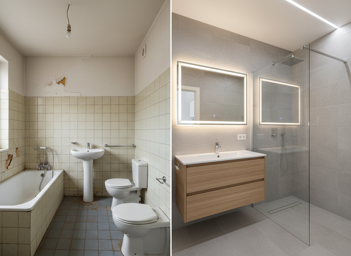 A before-and-after split image of a renovated bathroom in an Ivry-sur-Seine apartment: on the left, an old, worn space with cracked tiles and dated fixtures; on the right, a fully transformed, contemporary bathroom with large matte stone-effect tiles in soft gray, a walk-in Italian shower with a clear glass partition, and a wall-hung vanity in light oak veneer with a white resin basin. The right side glows under diffused ceiling LED lighting and an illuminated mirror, creating subtle highlights on chrome fixtures. Photographic realism, straight-on perspective, clear central dividing line between old and new, emphasizing the impact of full-scale renovation and the professionalism of the finish, with a clean, hygienic and reassuring mood.