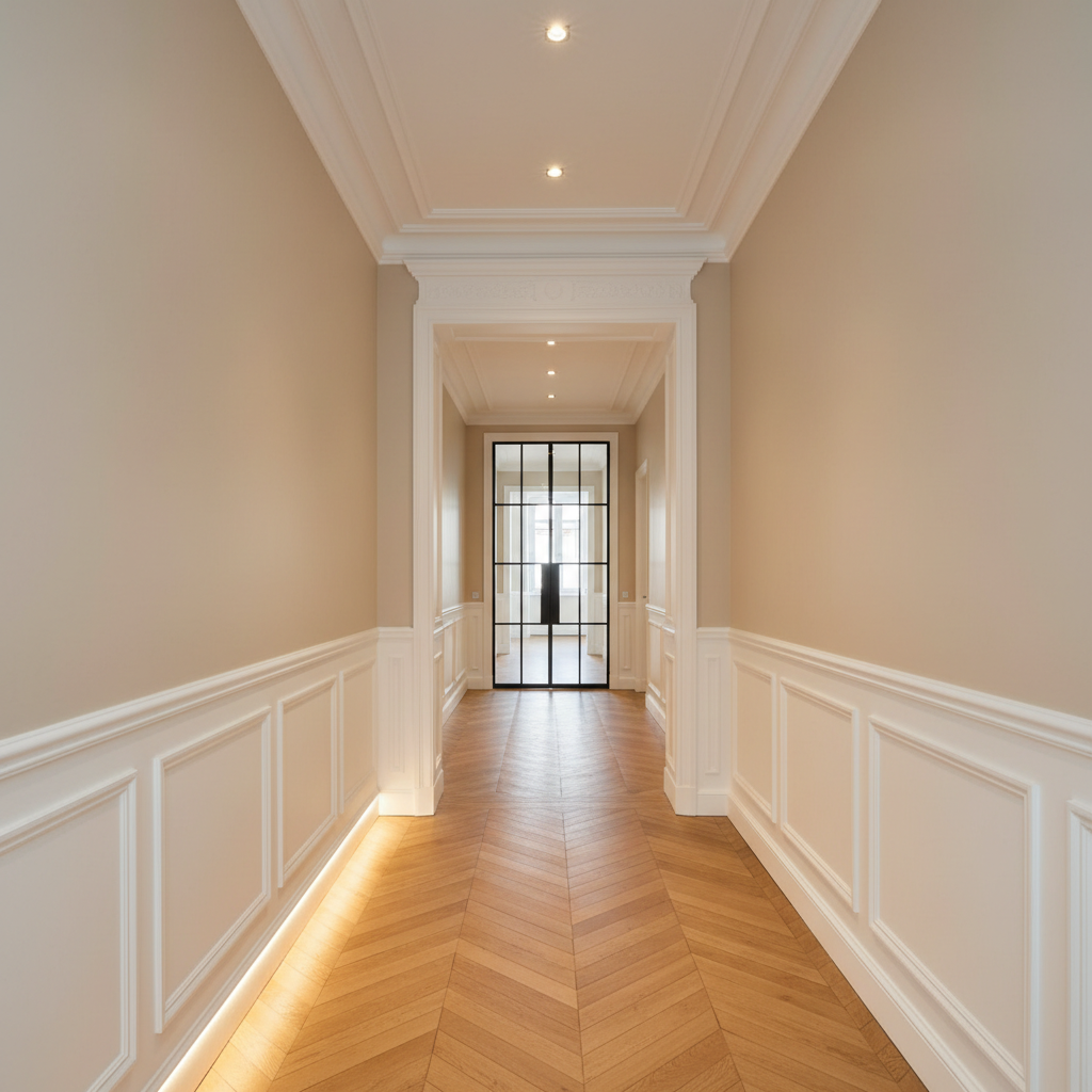 A fully renovated Haussmann-style hallway in an Ivry-sur-Seine apartment building, highlighting the successful blend of heritage and modern rehabilitation. Original decorative ceiling moldings and high baseboards are perfectly restored and painted in bright white, while the walls wear a soft, warm beige in satin finish. The floor combines refurbished herringbone parquet with a precise insertion of a discreet, modern LED skirting light along one wall. A newly installed, minimalist steel-and-glass interior door closes off a corridor in the background. Natural light from a distant window mixes with warm ceiling spotlights, creating a balanced, inviting ambiance. Photographic realism, central perspective along the hallway, strong linear depth, crisp details, emphasizing respect for existing character with contemporary renovation standards, with no artwork, furniture, or people present.
