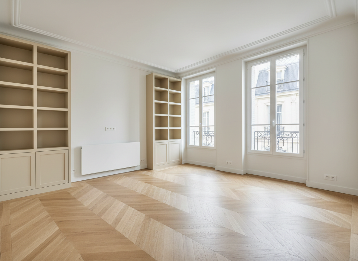 A freshly renovated Parisian-style living room in an Ivry-sur-Seine apartment, featuring smooth white walls, perfectly aligned moldings, and newly laid light oak parquet with a subtle matte finish. Built-in shelving in a soft sand tone lines one wall, while a sleek, wall-mounted radiator and pristine electrical outlets hint at updated systems. Large double-glazed French windows open onto a tiny balcony, their frames flawlessly painted. Soft afternoon natural light fills the room, casting gentle shadows that highlight the crisp edges and craftsmanship. Photographic realism, eye-level composition with a wide angle, sharp focus from foreground floorboards to distant corners, conveying a professional, clean, and reassuring atmosphere of high-quality full renovation work without any furniture or decor.