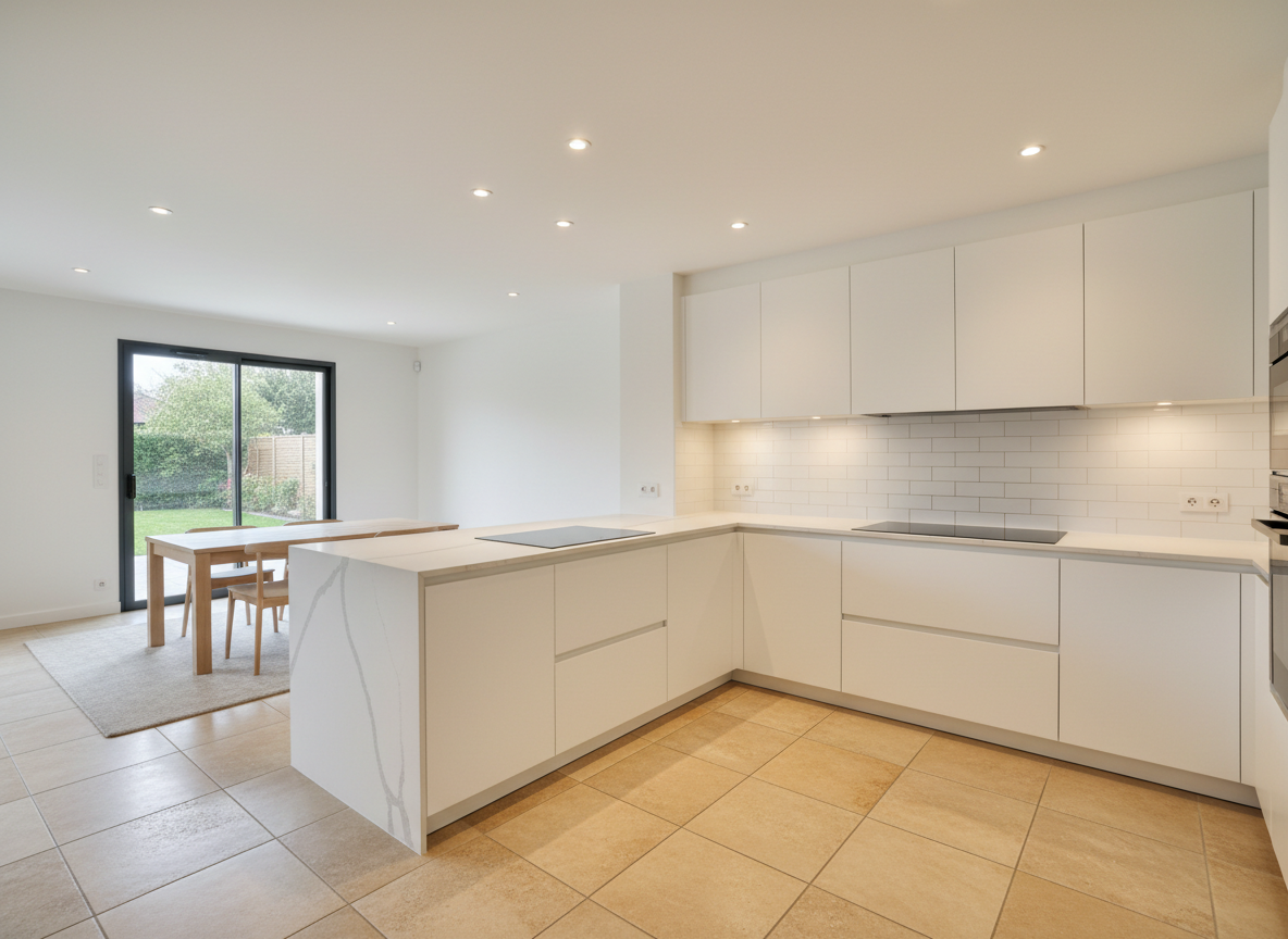 A modern open-plan kitchen and dining space freshly renovated in a suburban Île-de-France house, showcasing custom-built matte white cabinetry, a seamless quartz countertop with light gray veining, and a sleek built-in induction cooktop. The backsplash is covered in rectangular white ceramic tiles with perfectly aligned grout lines, emphasizing precision. The floor is tiled with large-format stone-effect porcelain in a warm beige tone, spotless and perfectly level. Recessed LED ceiling spots cast a uniform, warm white light, subtly reflecting on the satin paint walls. Photographic realism, slightly elevated wide-angle shot, capturing the entire room from one corner, with straight verticals and clear lines, conveying a sense of order, professionalism, and comprehensive renovation expertise, with no people, dishes, or personal items present.